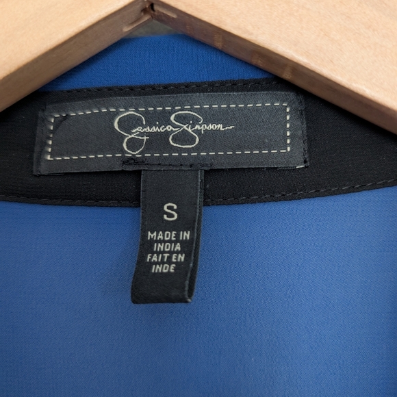 Jessica Simpson Royal Blue Long Sleeve Button Down Sheer Collared Belted Small - Picture 2 of 9